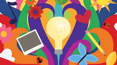 Illustration of a lightbulb and a computer in the middle of swirls of color, representing teen executive skills