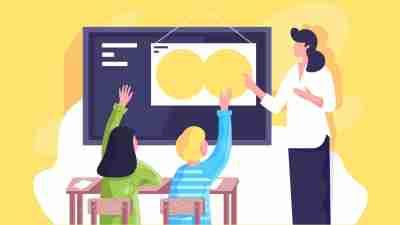 Flat classroom with young woman teacher and schoolchildren hand up. Concept businesswoman and students characters at work, school relationship. Vector illustration.