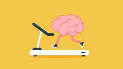 An illustration of a brain with legs running on a treadmill. Concept image of brain training executive functions.