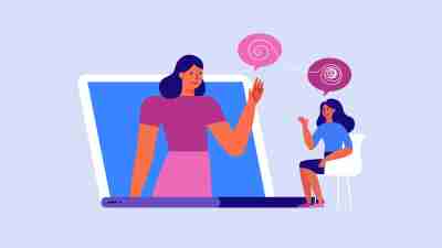 Vector illustration in flat  simple style - online psychological help and support service - psychologist and her patient having video call using modern technology app. Counseling therapy, depression and stress management