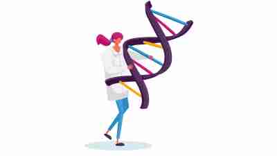 Tiny Female Character Carry Huge Human Dna Spiral Model. Image represents a call for an end to gender and sex bias in medical researc.