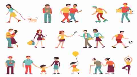 People in various lifestyles, businesspeople, woman walking to the dog, teenager, hipster, friends, sportman, woman doing yoga, homosexual, couple, lovers, family. Character set with flat design style.