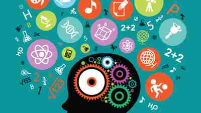 Illustration of head, brain of child with ADHD with icons representing "multiple intelligences": book smart, body smart, people smart, etc.
