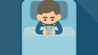 Young man using text on smartphone in bed, addiction technology and internet social network concept, Vector icon illustration.