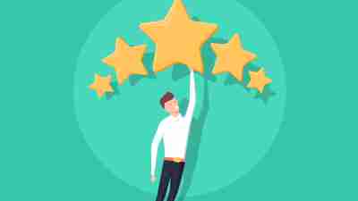 Businessman holding five gold stars for rating, quality and business concept. Vector, illustration, flat style. Client's Review, Customer Feedback or Satisfaction Level concept for Website
