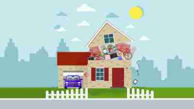 An illustration of an overstuffed house represents excessive clutter and hoarding.