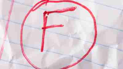 "F" grade written in red pen on wrinkled notebook paper belonging to ADHD student