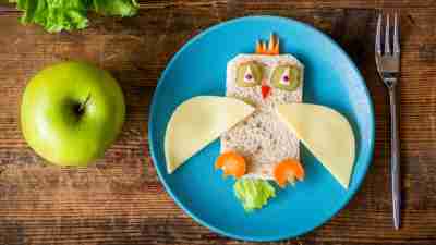 Bread, cheese, carrots, pickles arranged to look like a bird with an apple next to it makes for a healthy snack for kids with ADHD